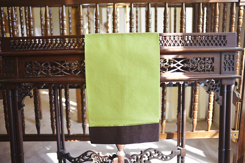 Multicolor Hemstitch Guest Towel. Bright Lime & Fudge border